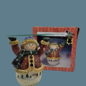 Snowman Pedestal Holiday Serving Table with Glass Tray and Box Christmas Decor